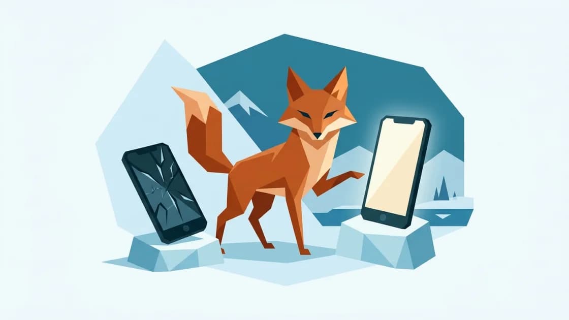 Starý rozbitý telefon vedle nového zářícího – liška ukazuje na ten nový